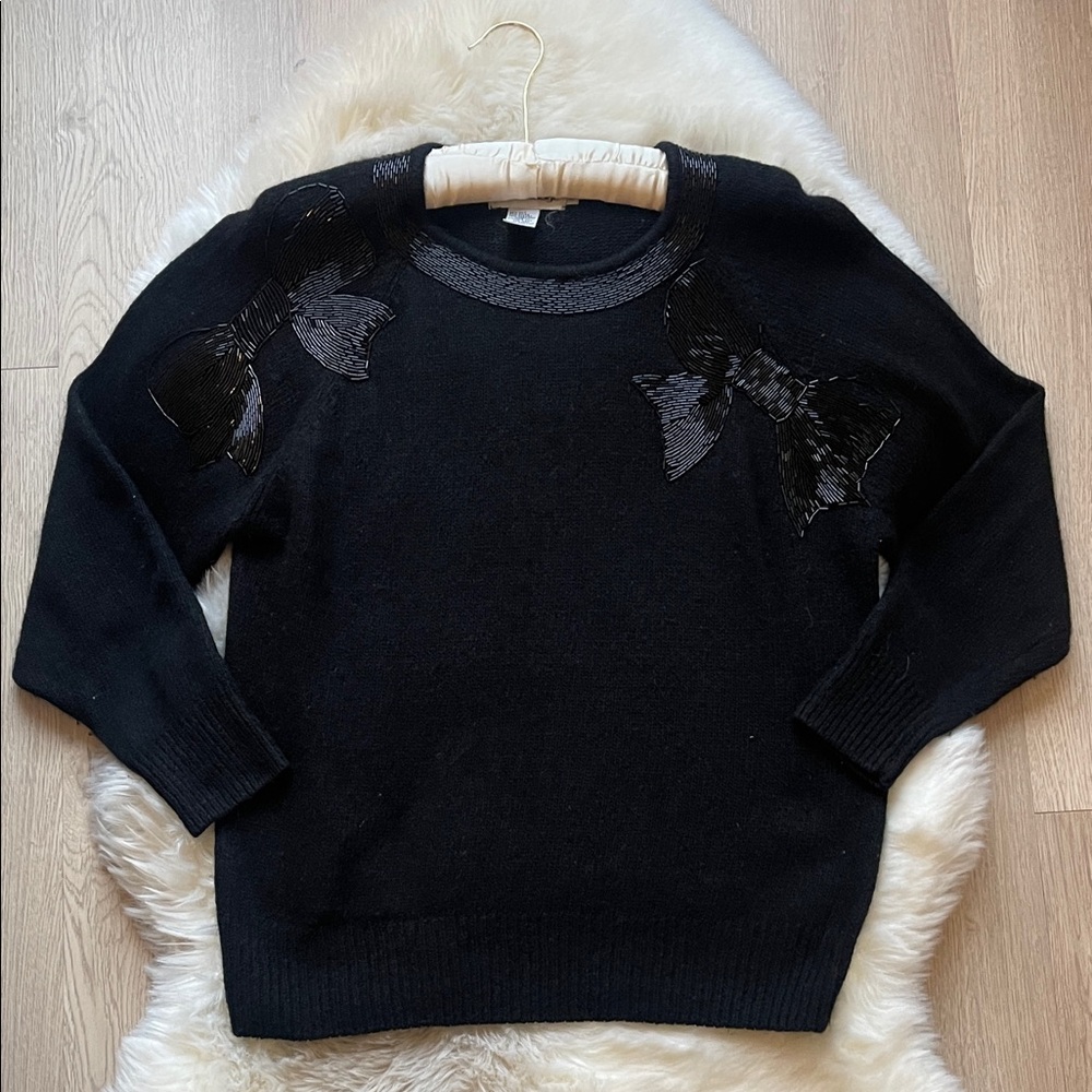 Vintage Black Women's Sequin Bow Detail Sweater